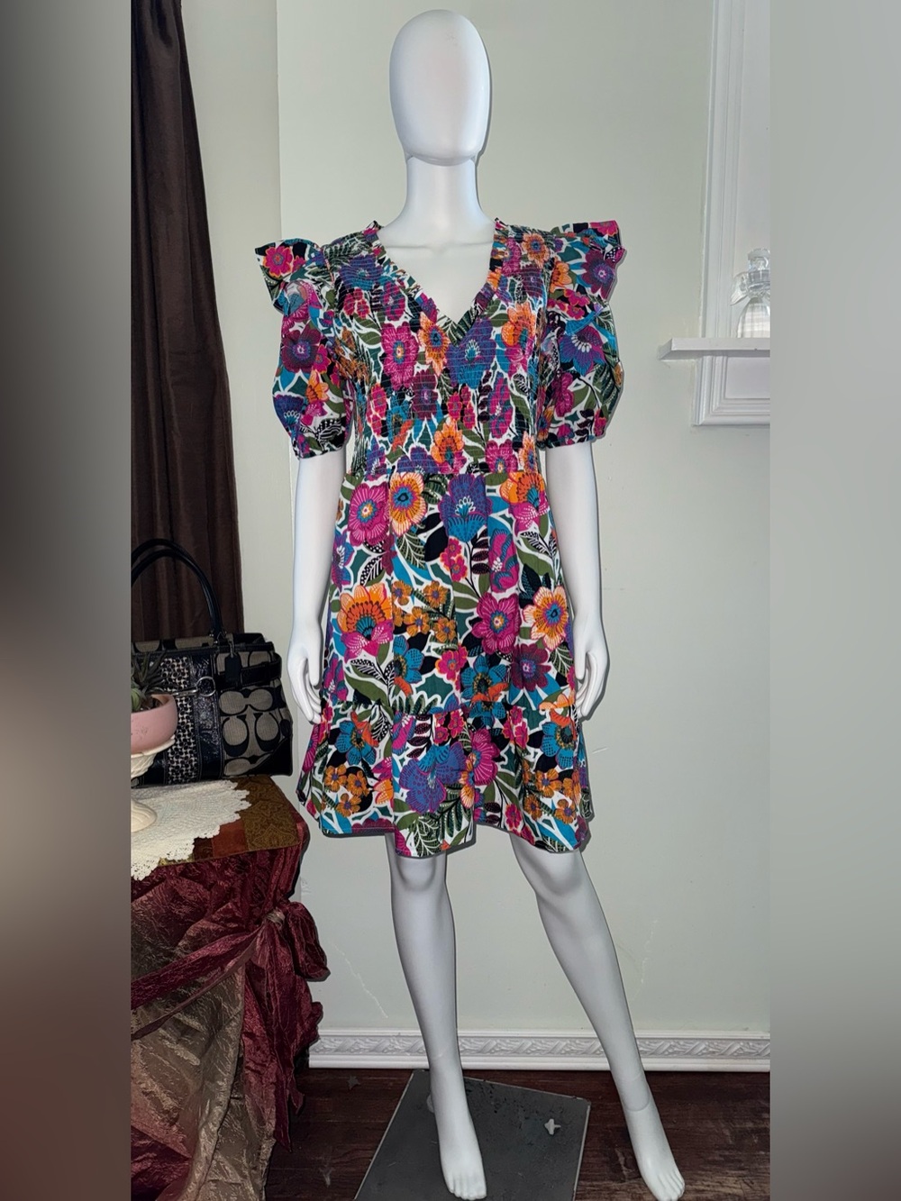 Baltic Born Floral Puff-Sleeve V-Neck Mini Dress in Multicolor